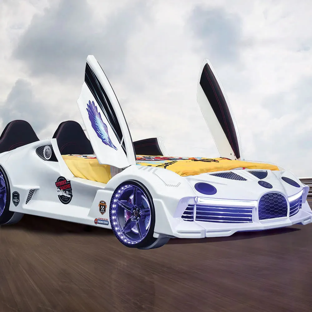 2025 Awesome Aero Premium White Race Car Bed With Free Mattress Upgraded | Wicked Doors | LED Lights