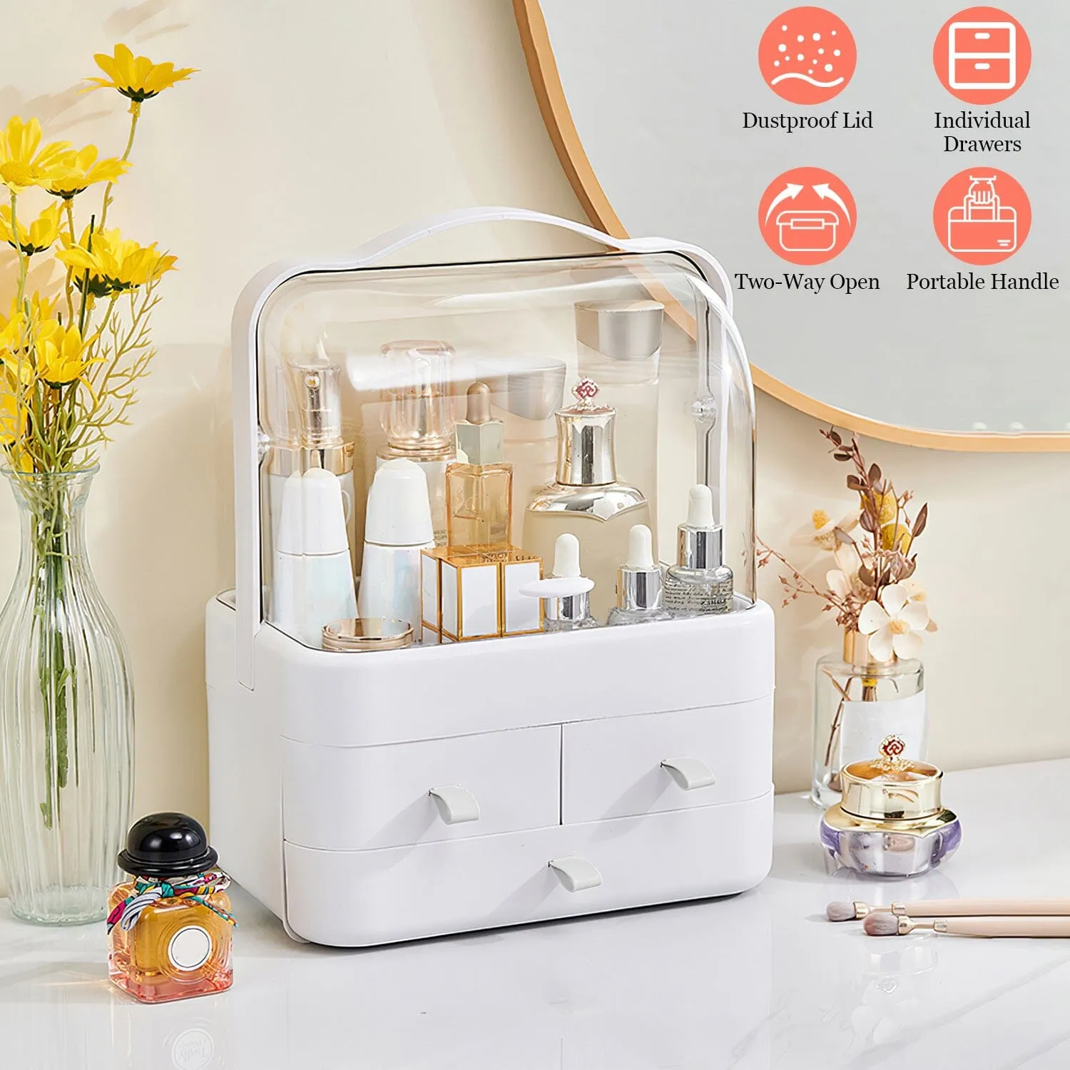 3-Tier Makeup Organizers Cosmetic Storage Box with Dustproof Waterproof Lid