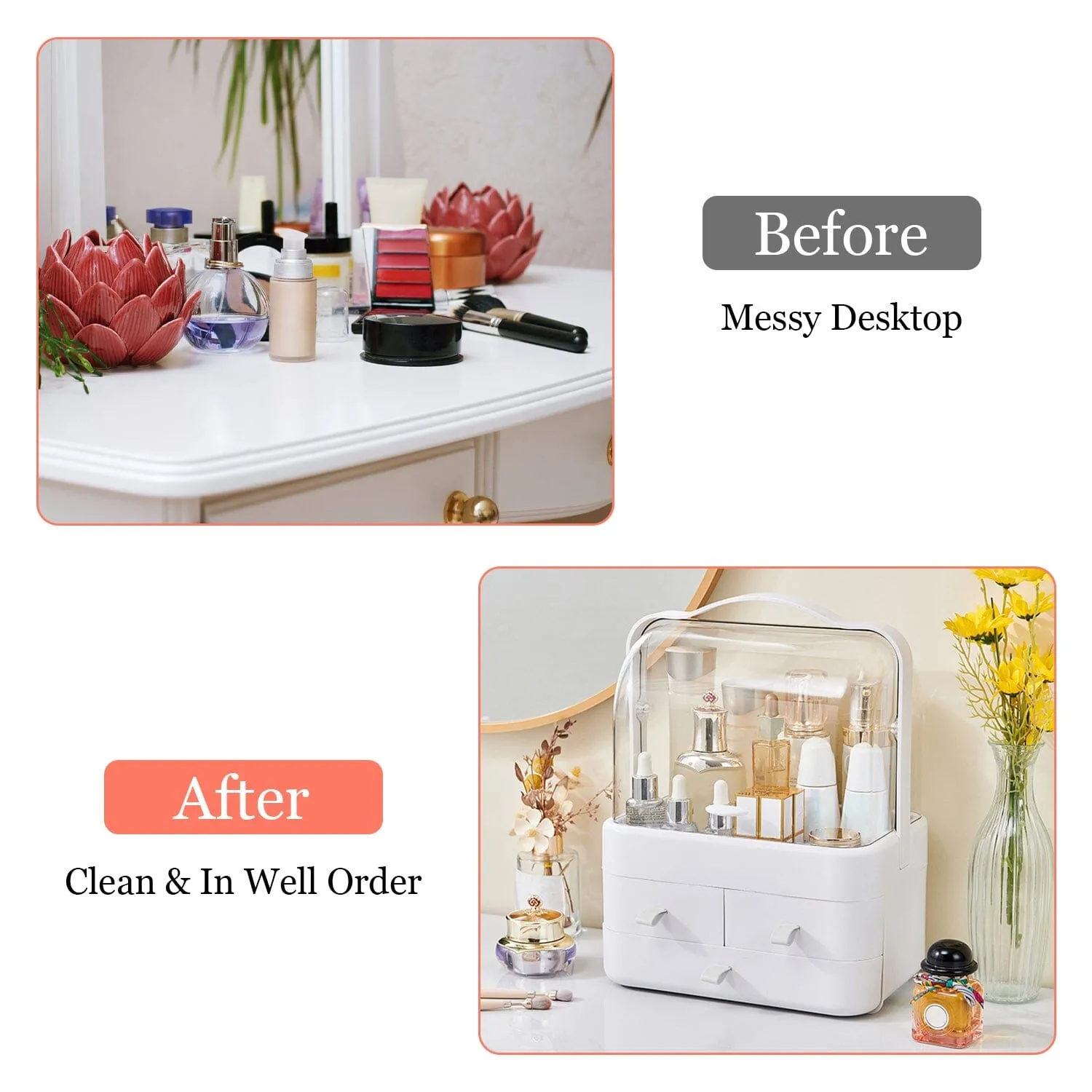 3-Tier Makeup Organizers Cosmetic Storage Box with Dustproof Waterproof Lid