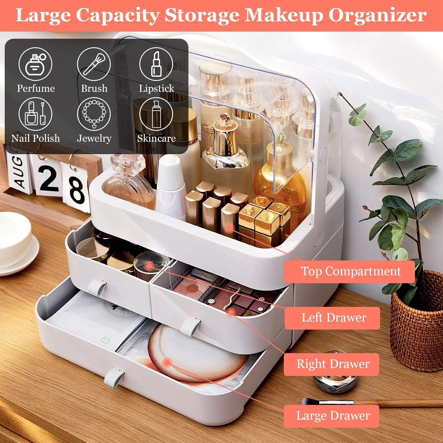 3-Tier Makeup Organizers Cosmetic Storage Box with Dustproof Waterproof Lid