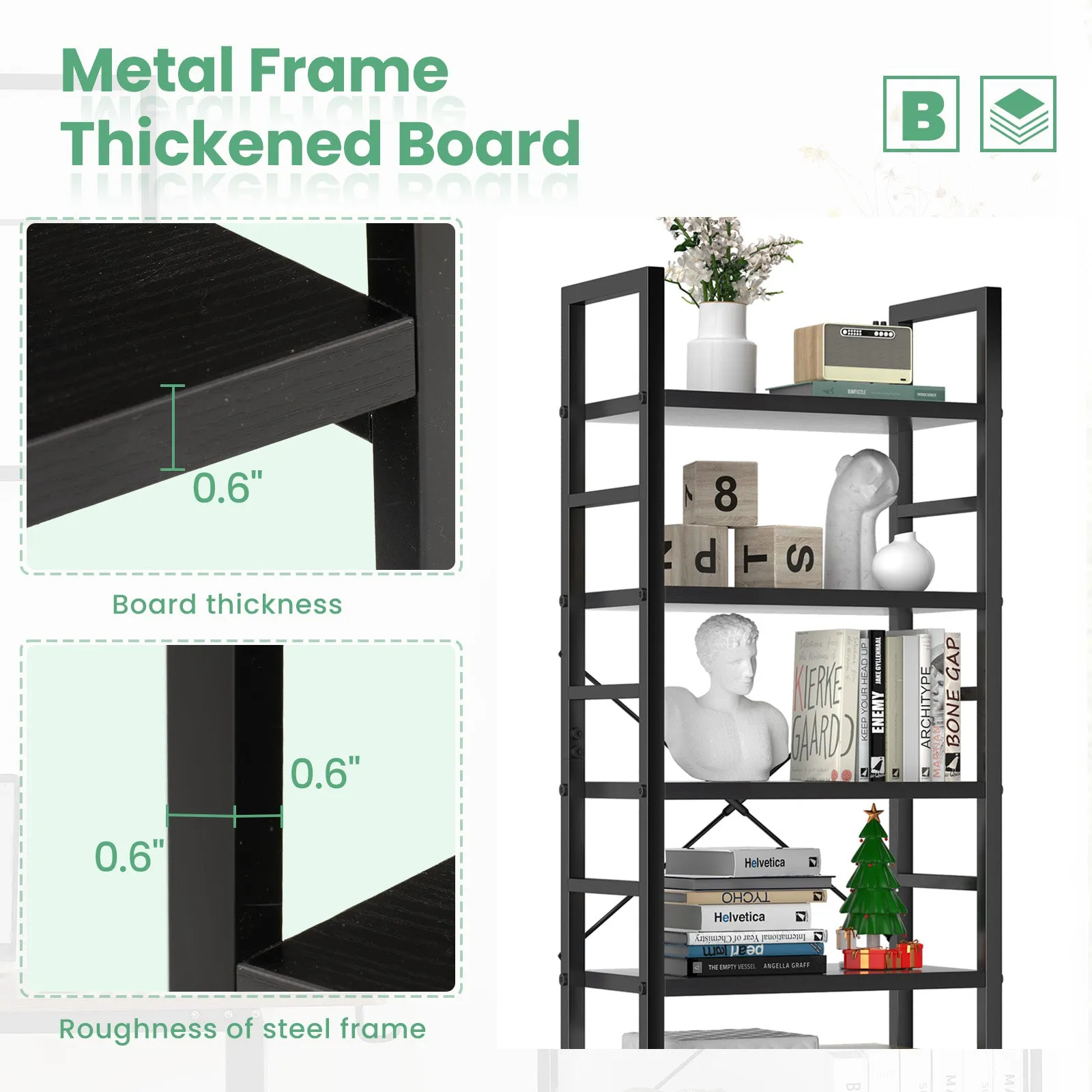 5 shelves, home office and living room, multifunctional display stand for books, black