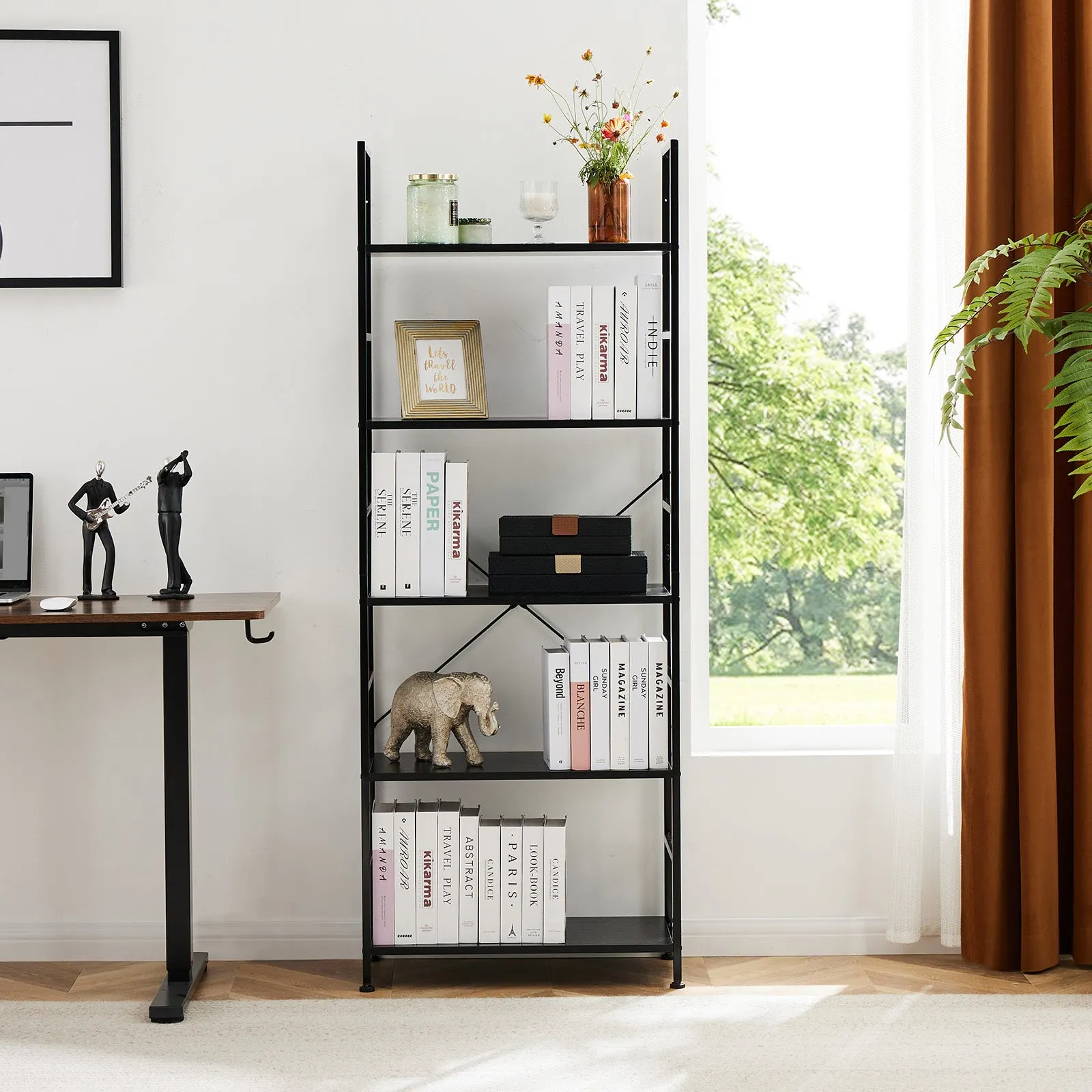 5 shelves, home office and living room, multifunctional display stand for books, black