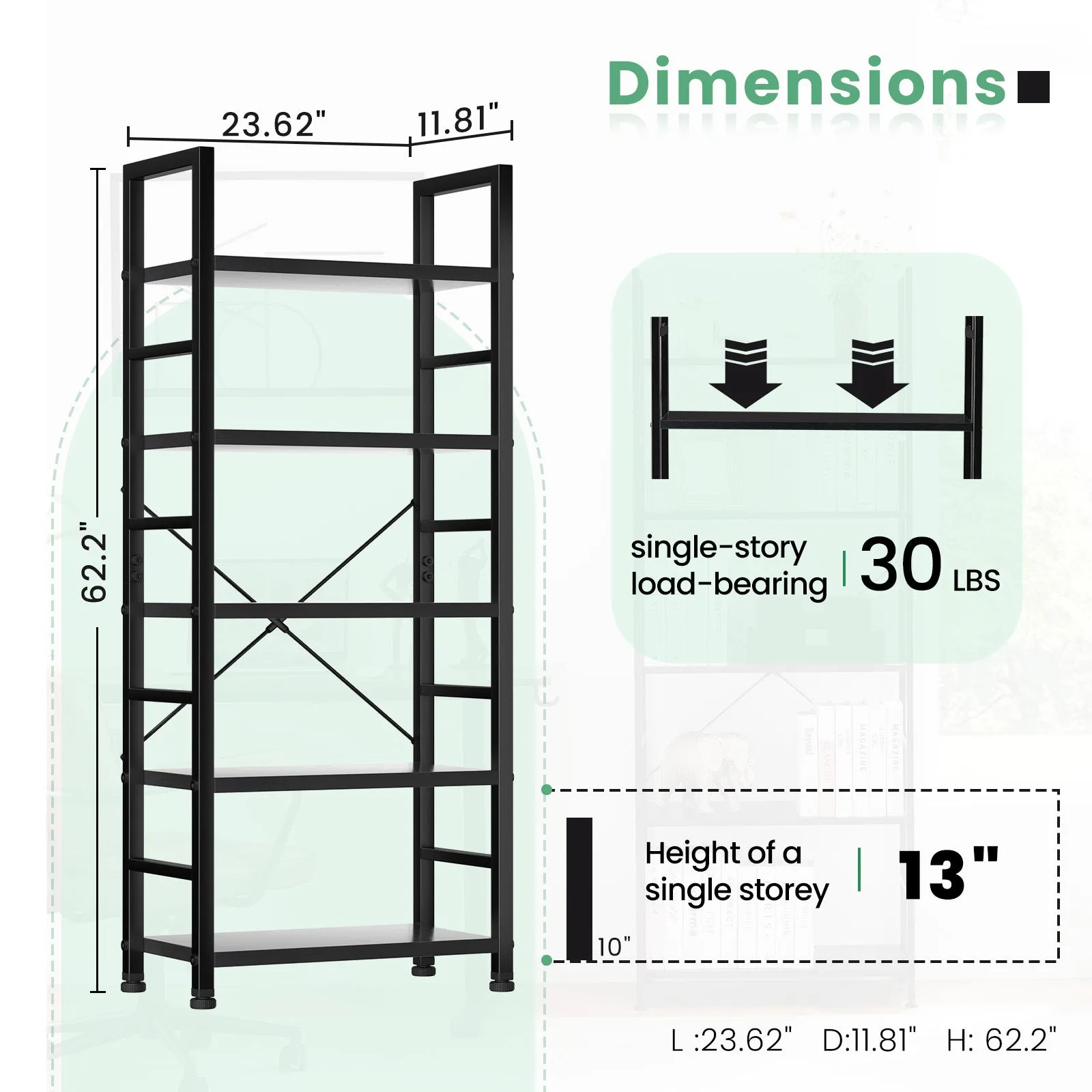 5 shelves, home office and living room, multifunctional display stand for books, black