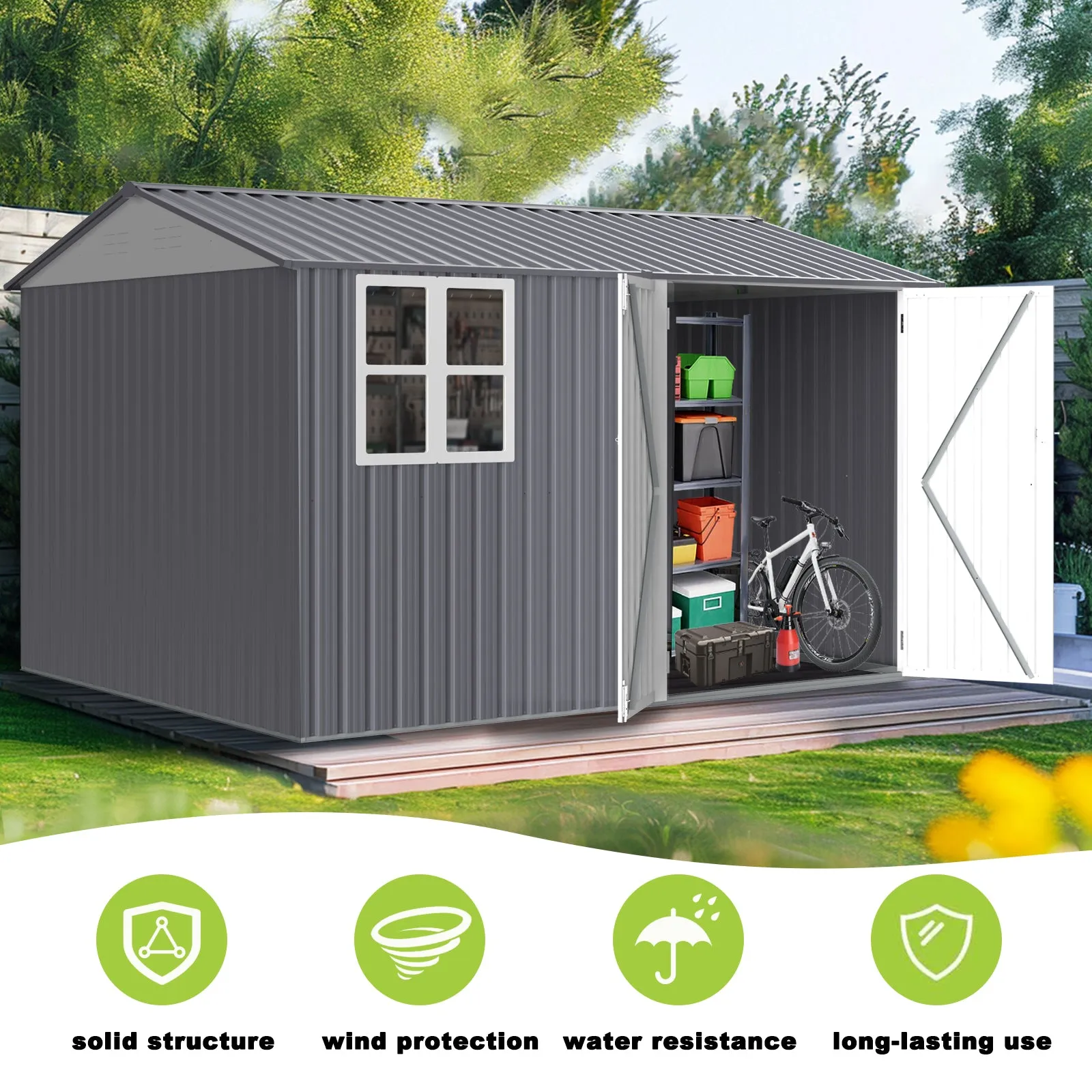 8X10FT Outdoor Storage Shed with Thickened Galvanized Steel,with Sloped Roof & Double Lockable Door,Storage Shed Large with 6 Vents, Garden Tool Shed for Backyard Garden Patio Lawn Bike,Lawnmower