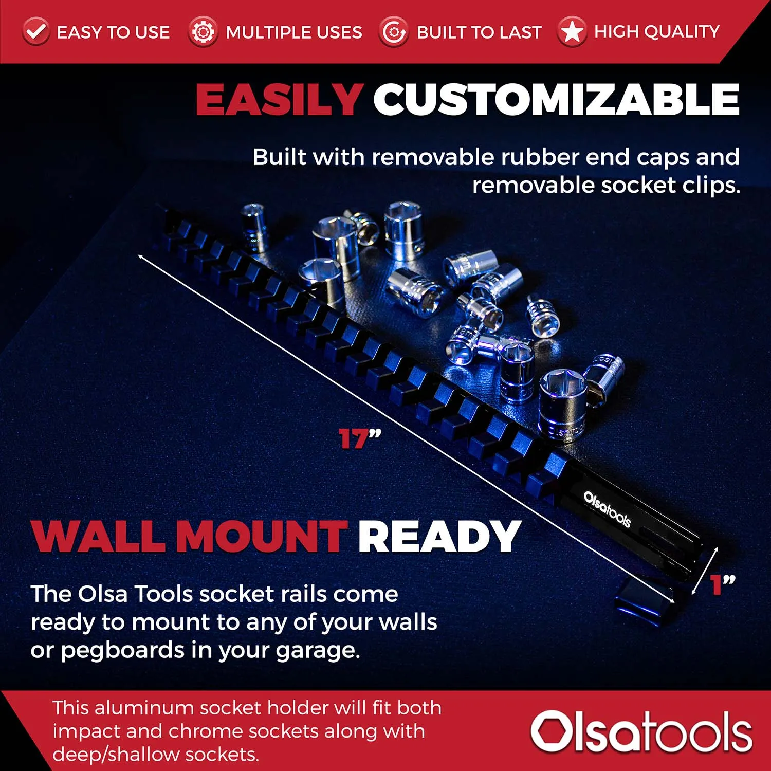 Aluminum Socket Organizer Rails With Rubber End Caps