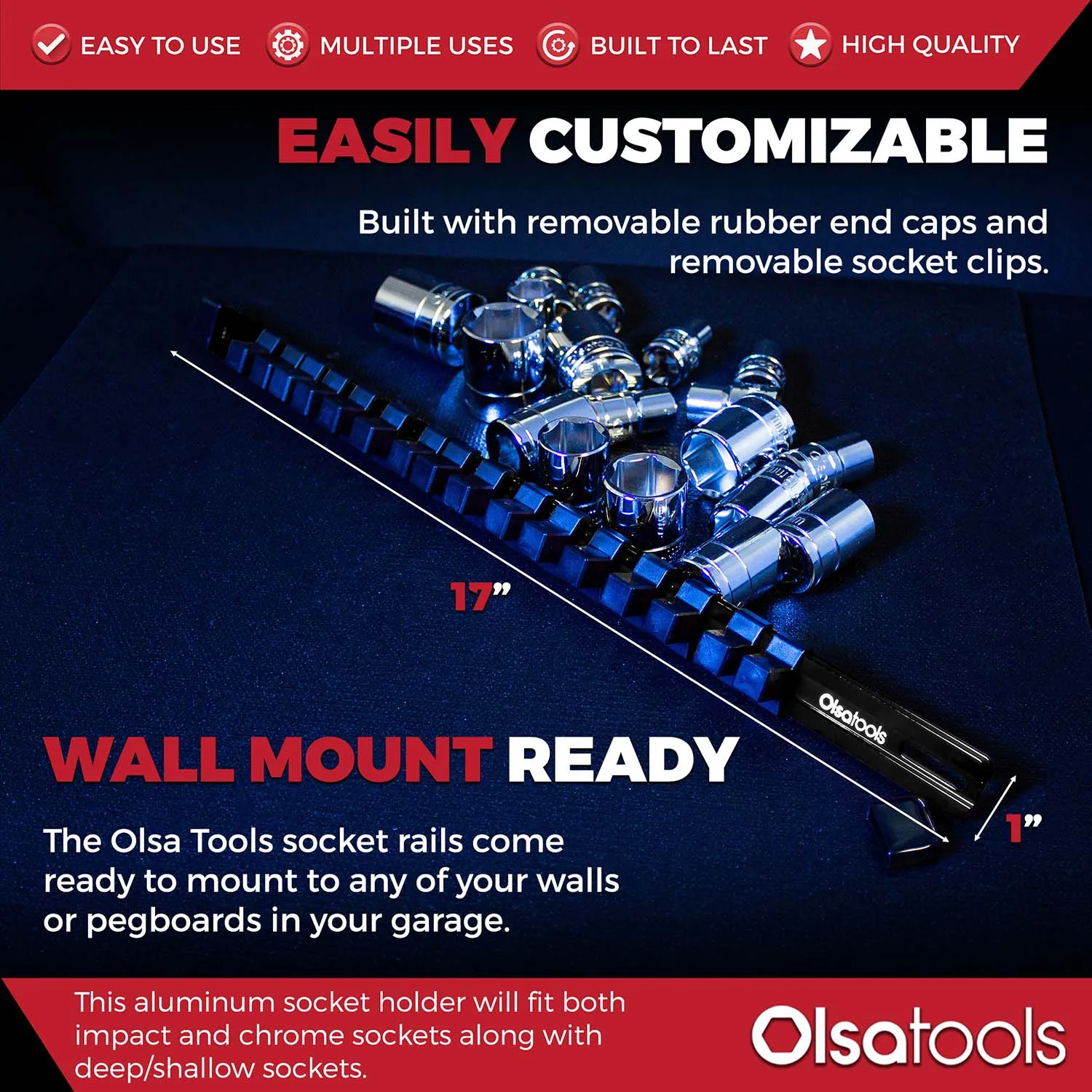 Aluminum Socket Organizer Rails With Rubber End Caps