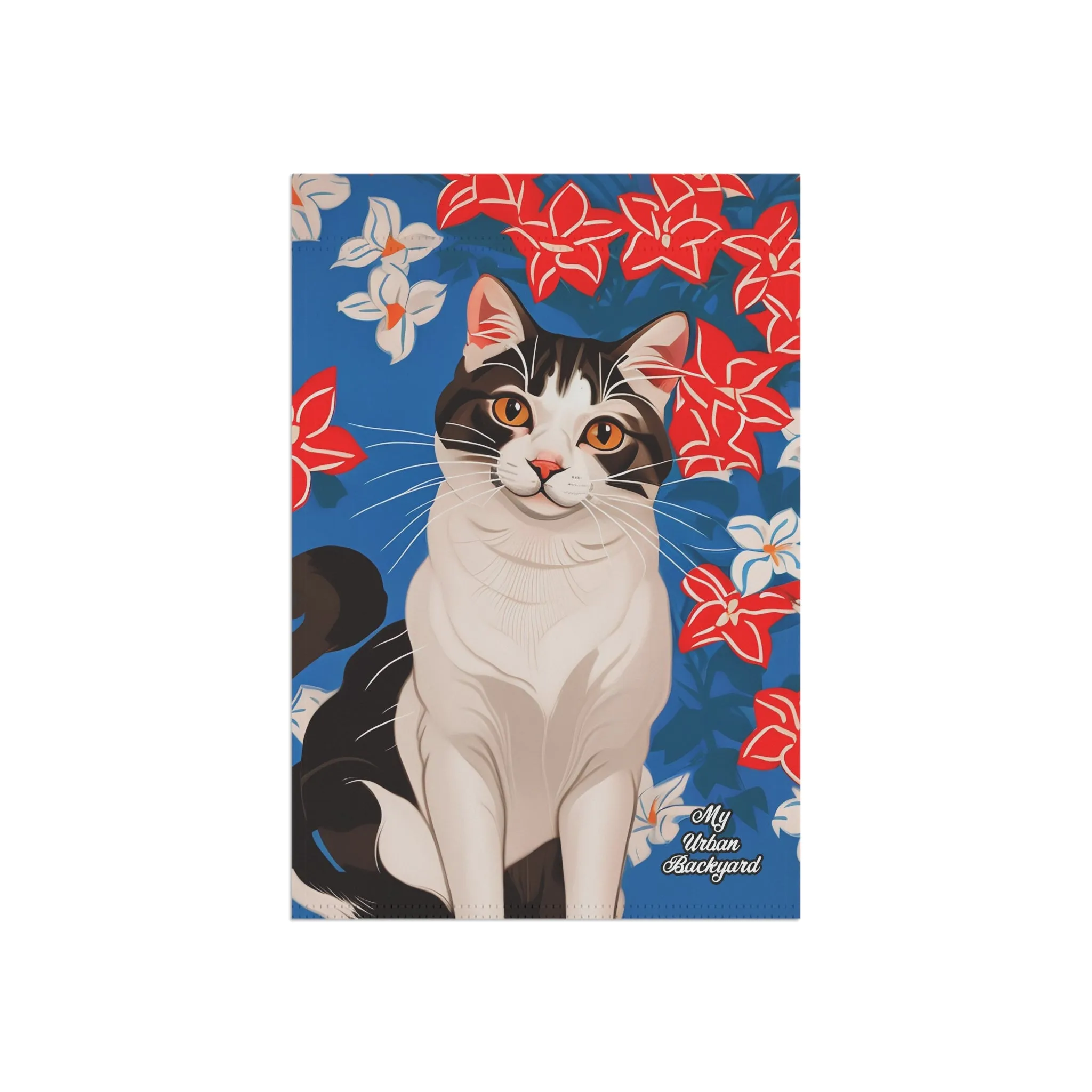 Cat with Red & White Flowers, Garden Flag for Yard, Patio, Porch, or Work, 12"x18" - Flag only