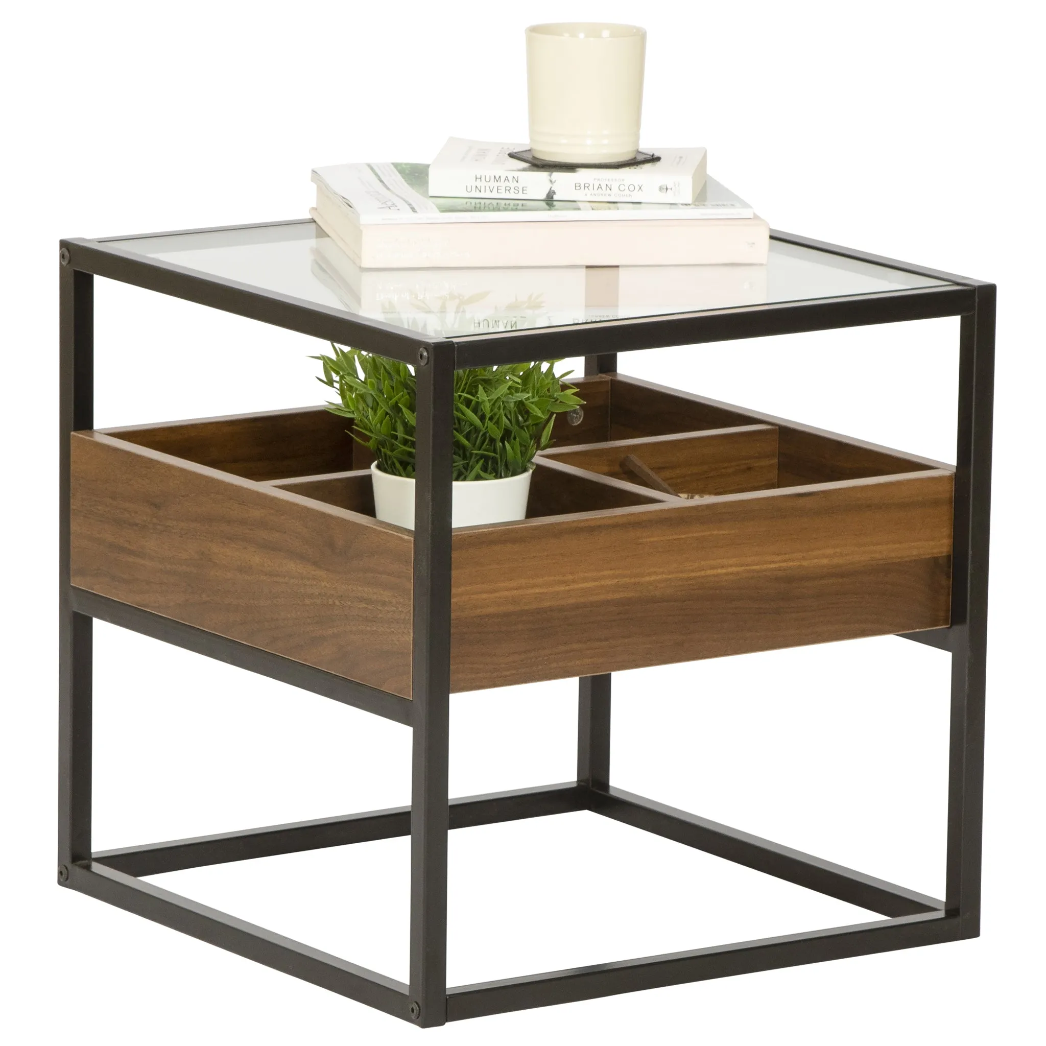 Collectors Industrial Walnut & Glass End Side Table