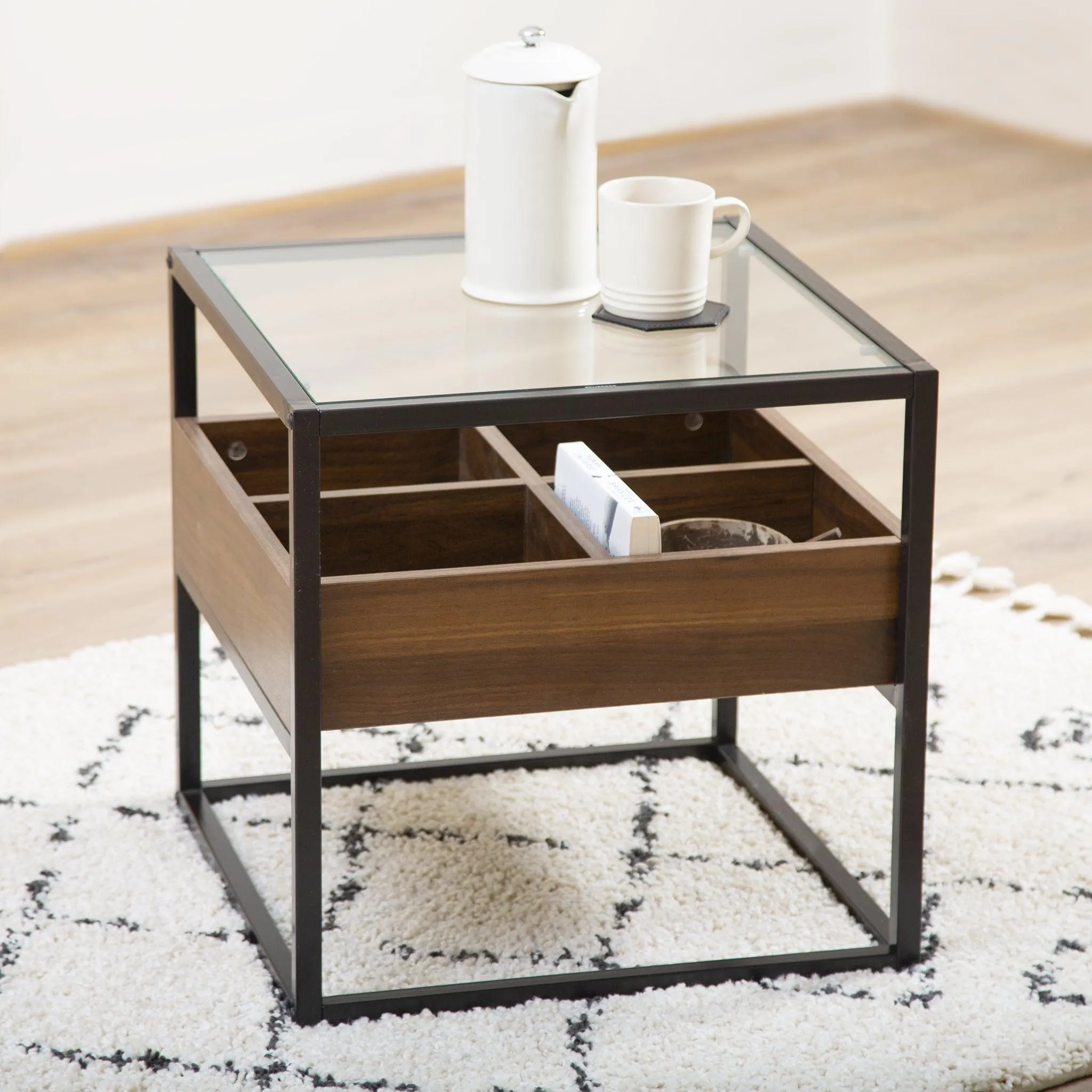 Collectors Industrial Walnut & Glass End Side Table