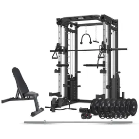 CORTEX SM-25 6-in-1 Power Rack with Smith & Cable Machine   BN6 Bench   130kg Olympic Weight Plate & Barbell Package