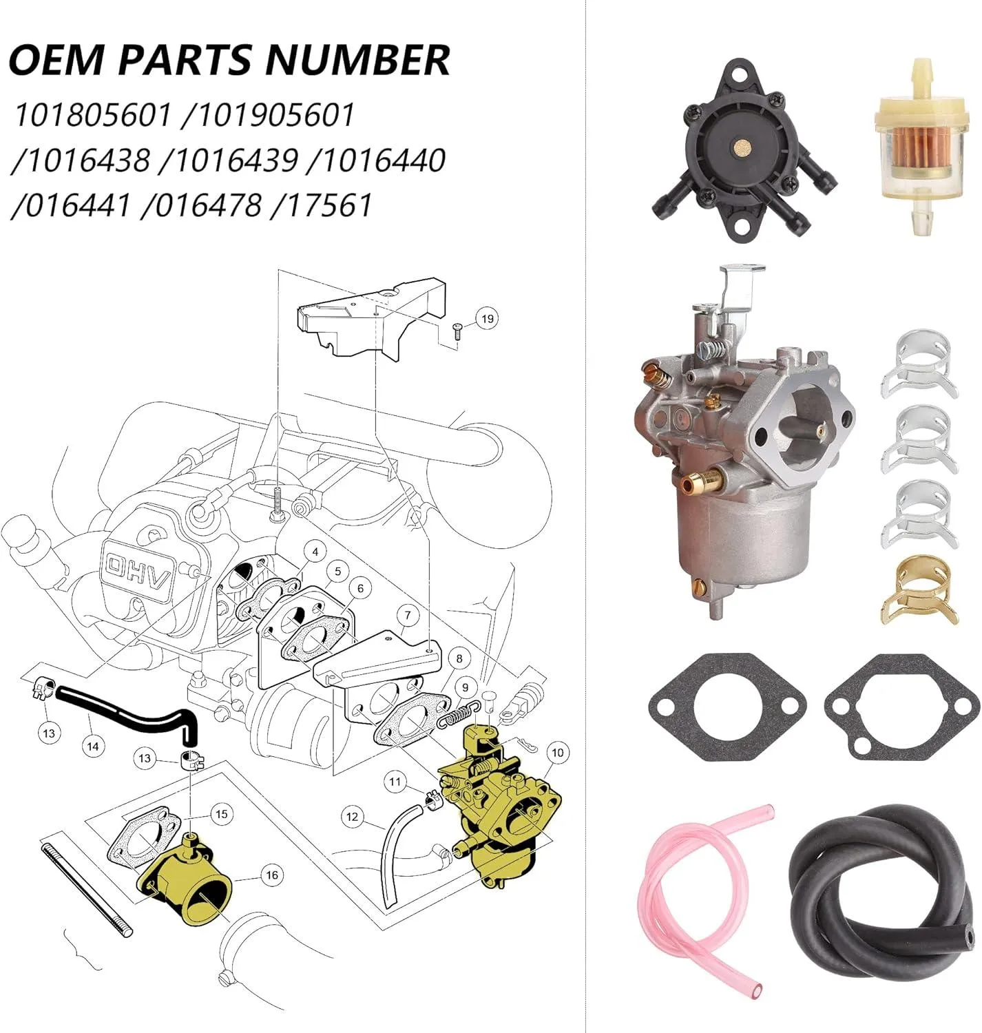 Golf Cart Carburetor Fuel Pump kit for 1998-2018 Club Car DS & Precedent - 10L0L