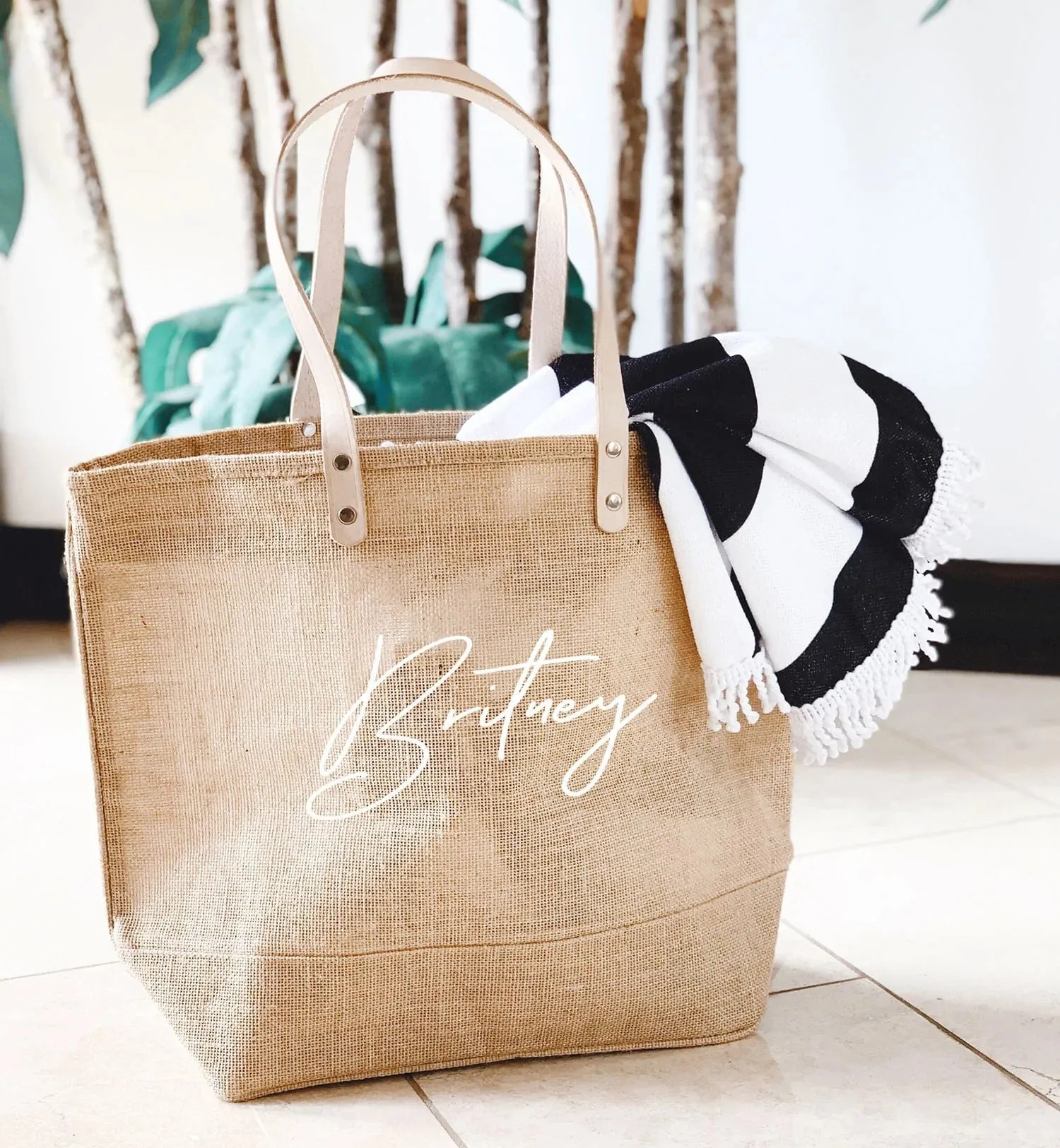 JUTE Leather Handle Jute Burlap Tote