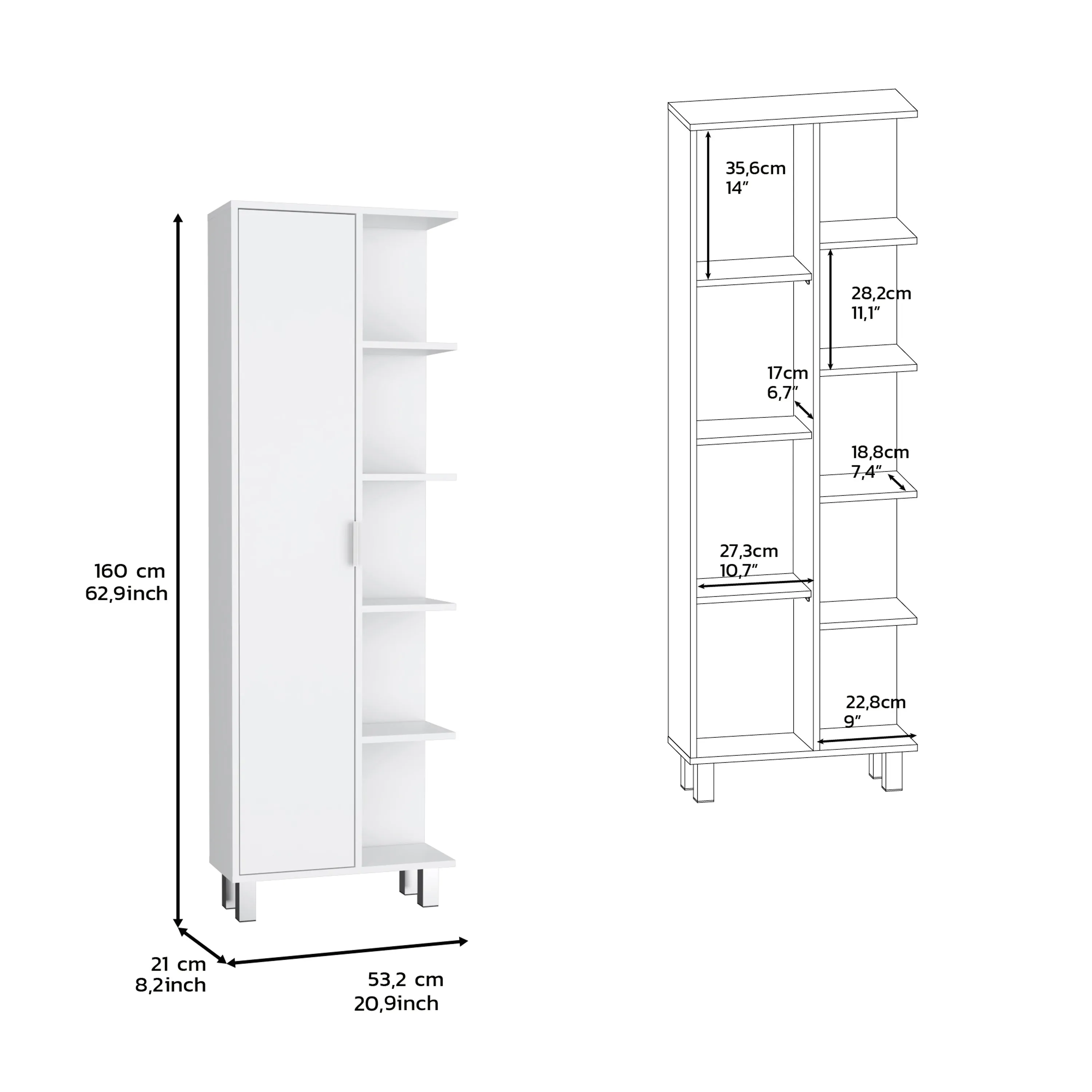 Keller Linen Cabinet 63" H, with 1 door and 9 shelves, White,