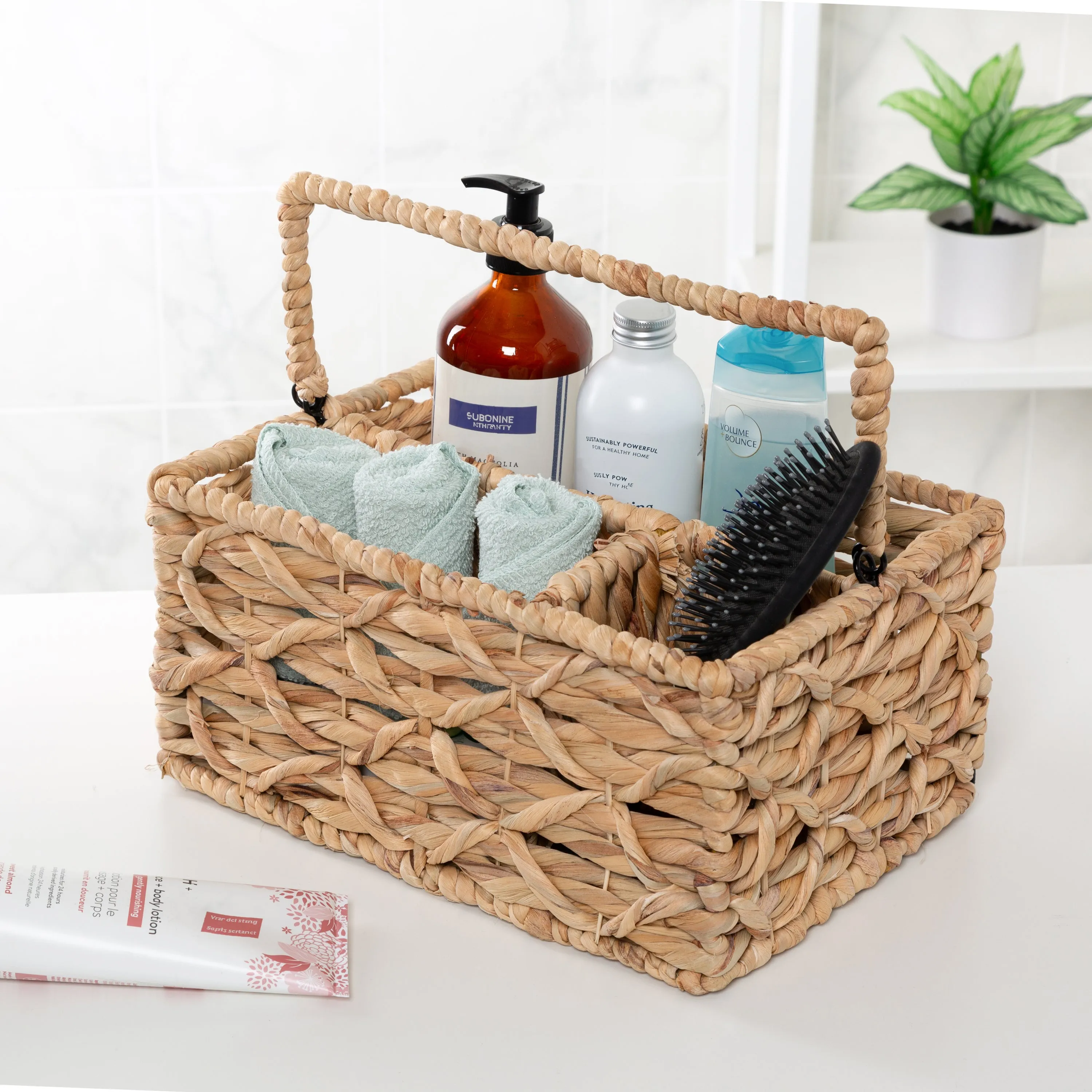 Natural Wicker Multi-Use 3-Compartment Basket Caddy with Handle