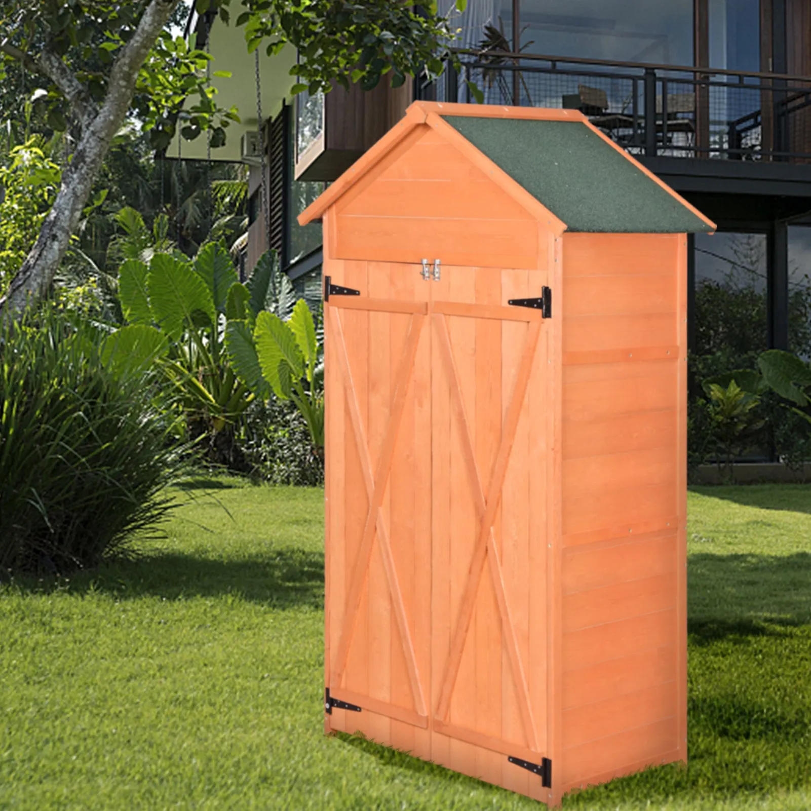 Outdoor Storage Shed Wood Tool Shed Waterproof Garden Storage Cabinet with Lockable Doors for Patio Furniture, Backyard, Lawn, Meadow, Farmland