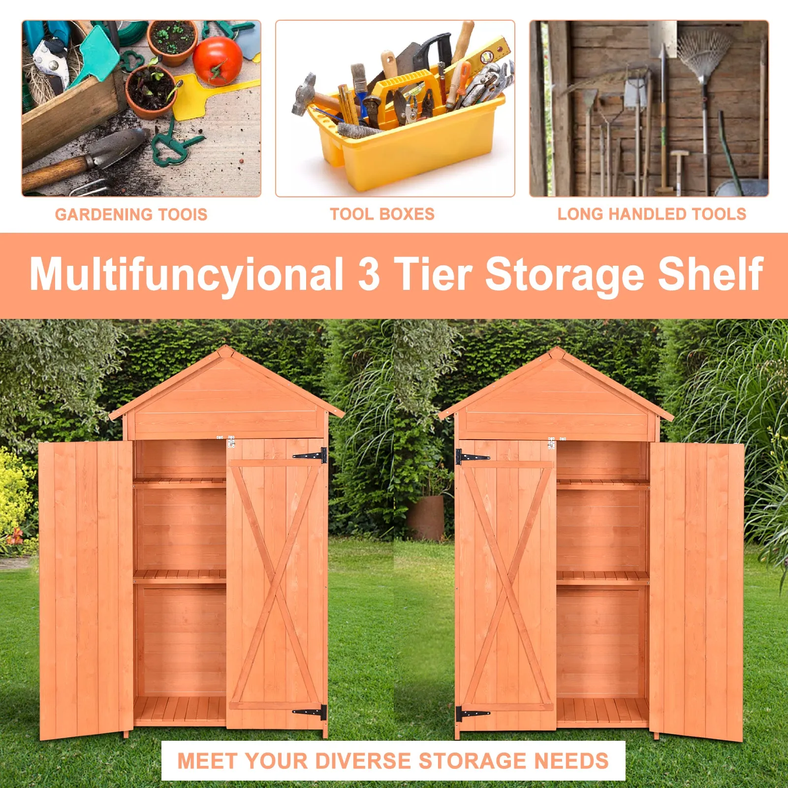 Outdoor Storage Shed Wood Tool Shed Waterproof Garden Storage Cabinet with Lockable Doors for Patio Furniture, Backyard, Lawn, Meadow, Farmland