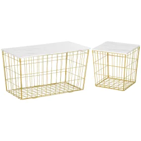 Side Table Set of 2 with Wire Storage Basket, End Tables Coffee Tables with Faux Marble Top for Living Room Bedroom, White and Gold