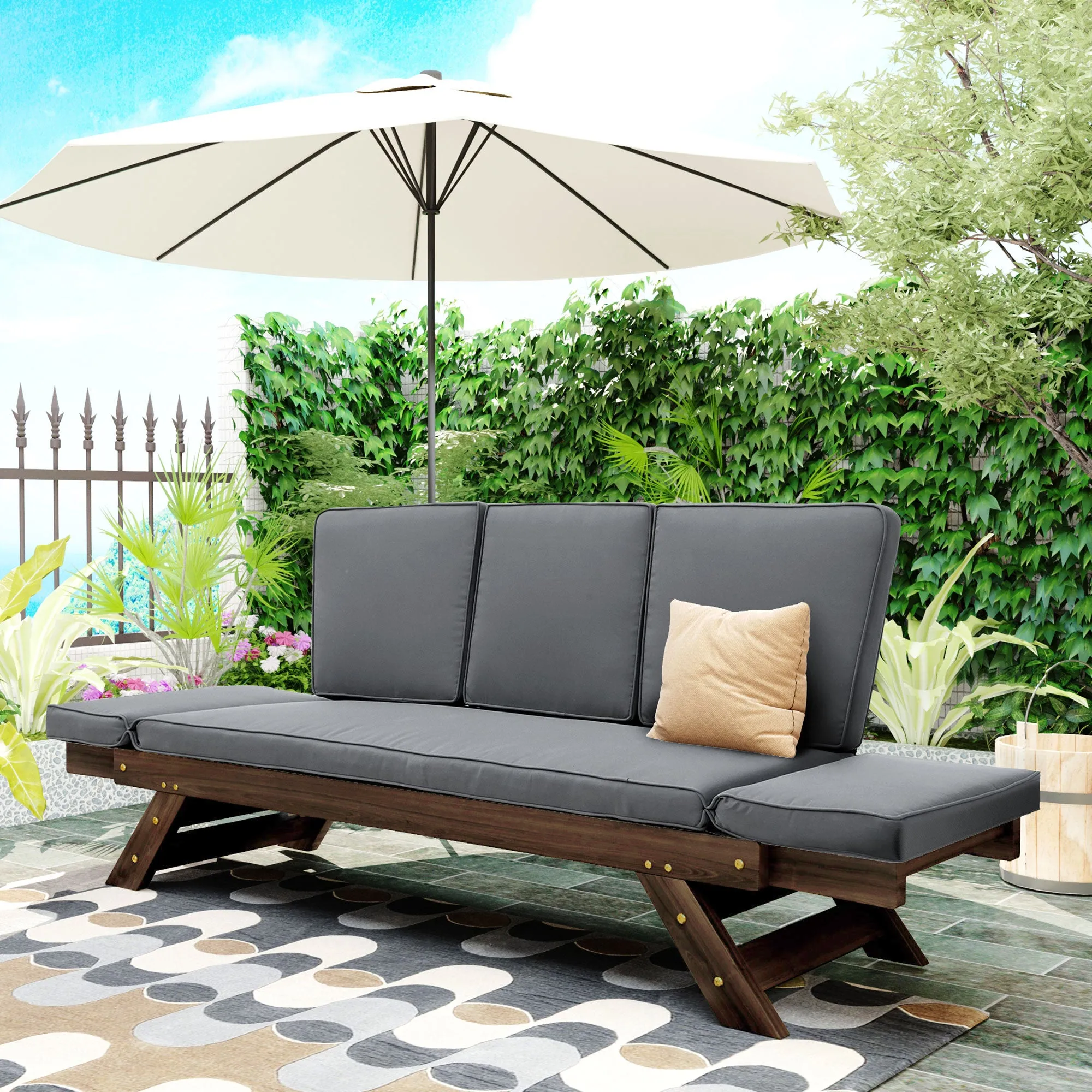 TOPMAX Outdoor Adjustable Patio Wooden Daybed Sofa Chaise Lounge with Cushions for Small Places, Brown Finish Gray Cushion