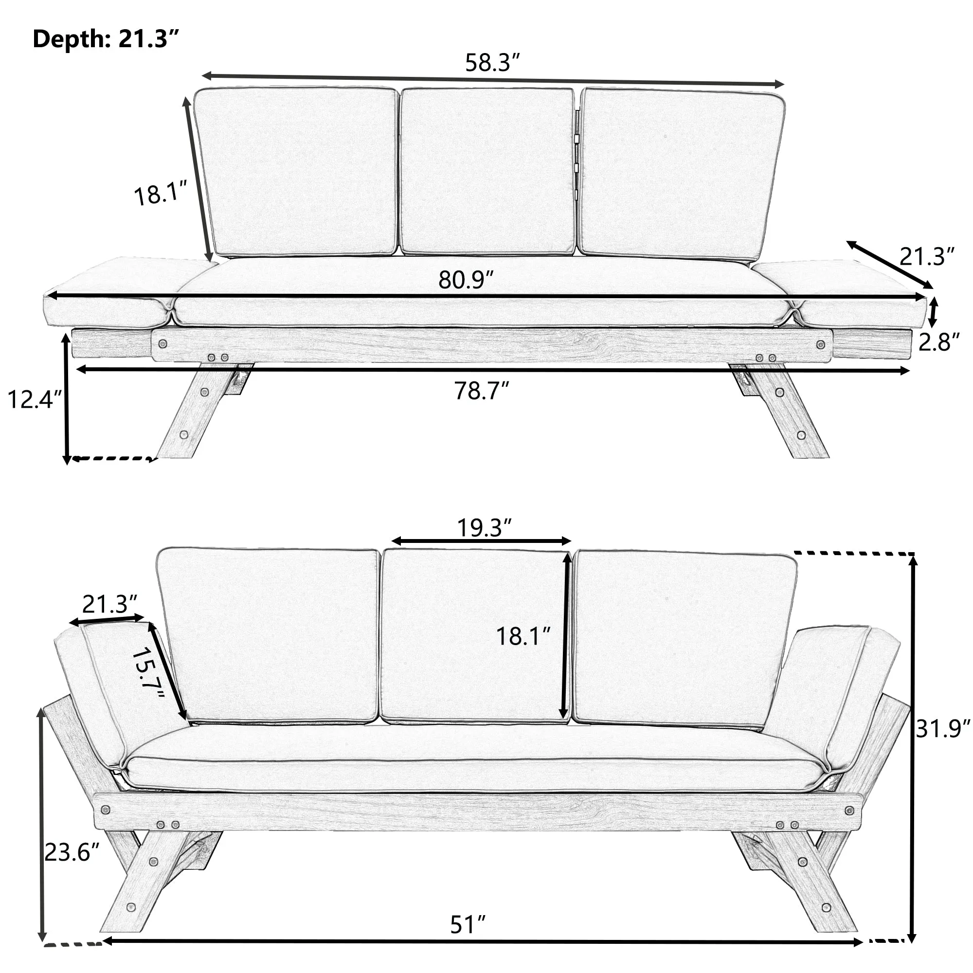 TOPMAX Outdoor Adjustable Patio Wooden Daybed Sofa Chaise Lounge with Cushions for Small Places, Brown Finish Gray Cushion