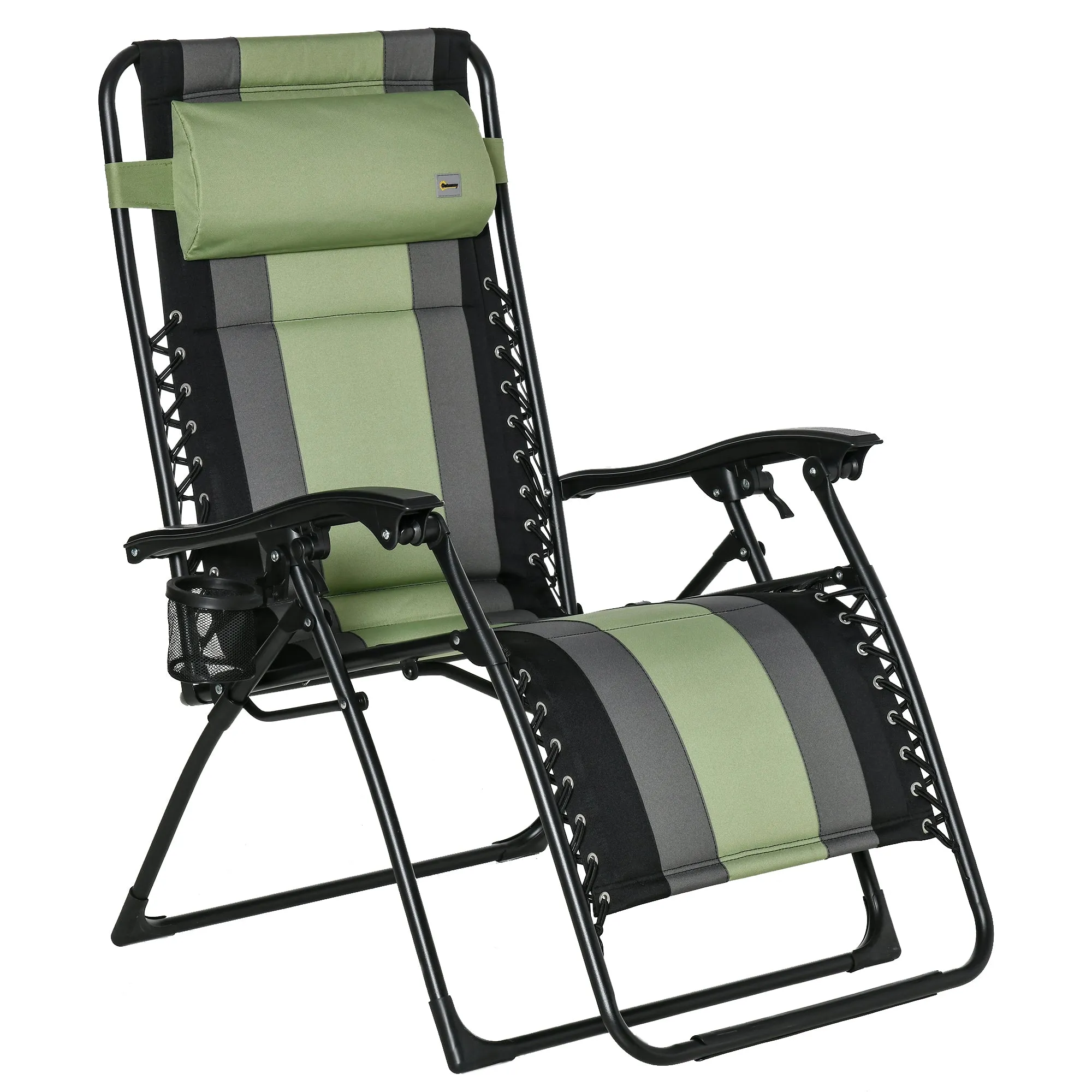 XL Oversize Zero Gravity Recliner, Padded Patio Lounger Chair, Folding Chair with Adjustable Backrest, Cup Holder, and Headrest for Backyard, Poolside, Lawn, Striped, Green