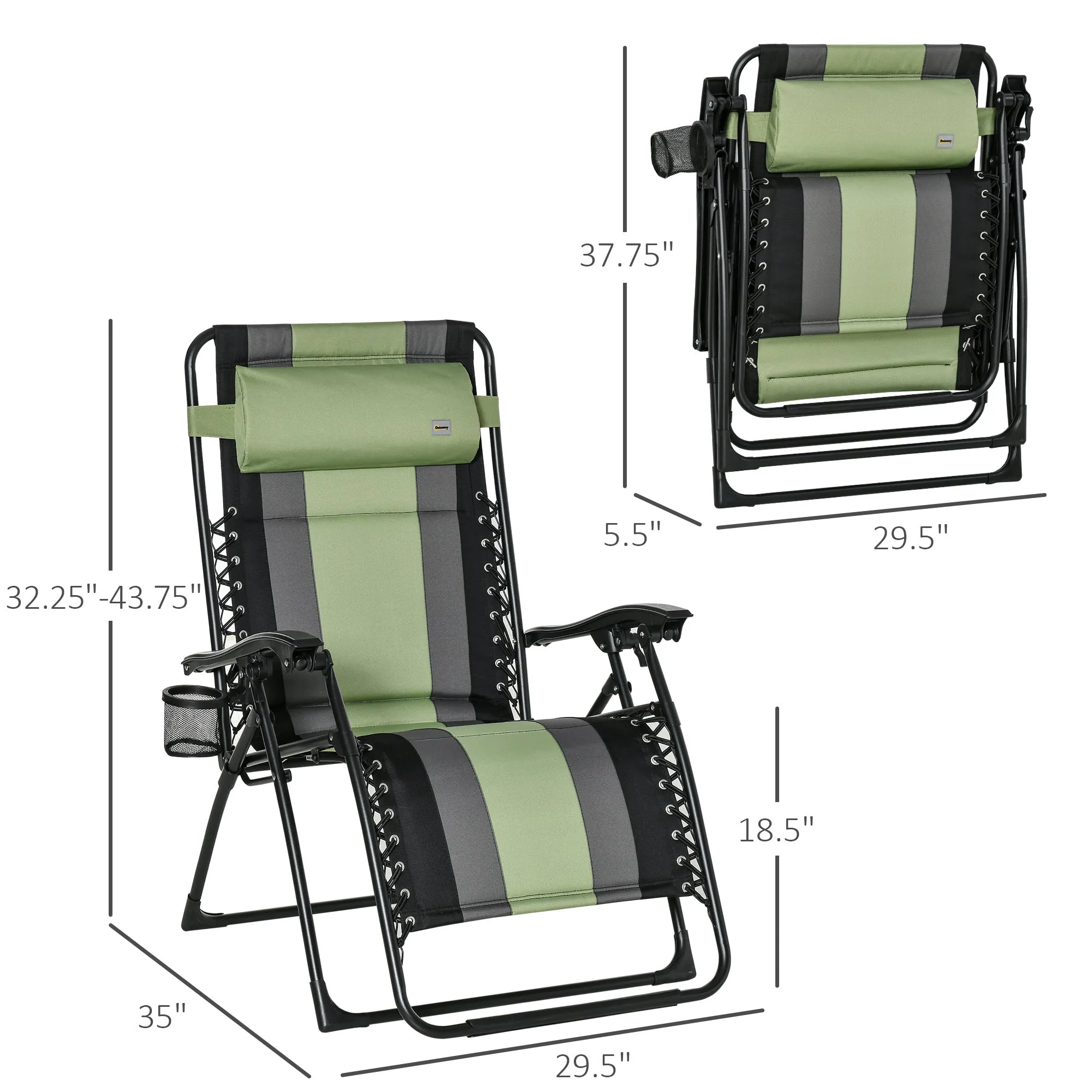 XL Oversize Zero Gravity Recliner, Padded Patio Lounger Chair, Folding Chair with Adjustable Backrest, Cup Holder, and Headrest for Backyard, Poolside, Lawn, Striped, Green