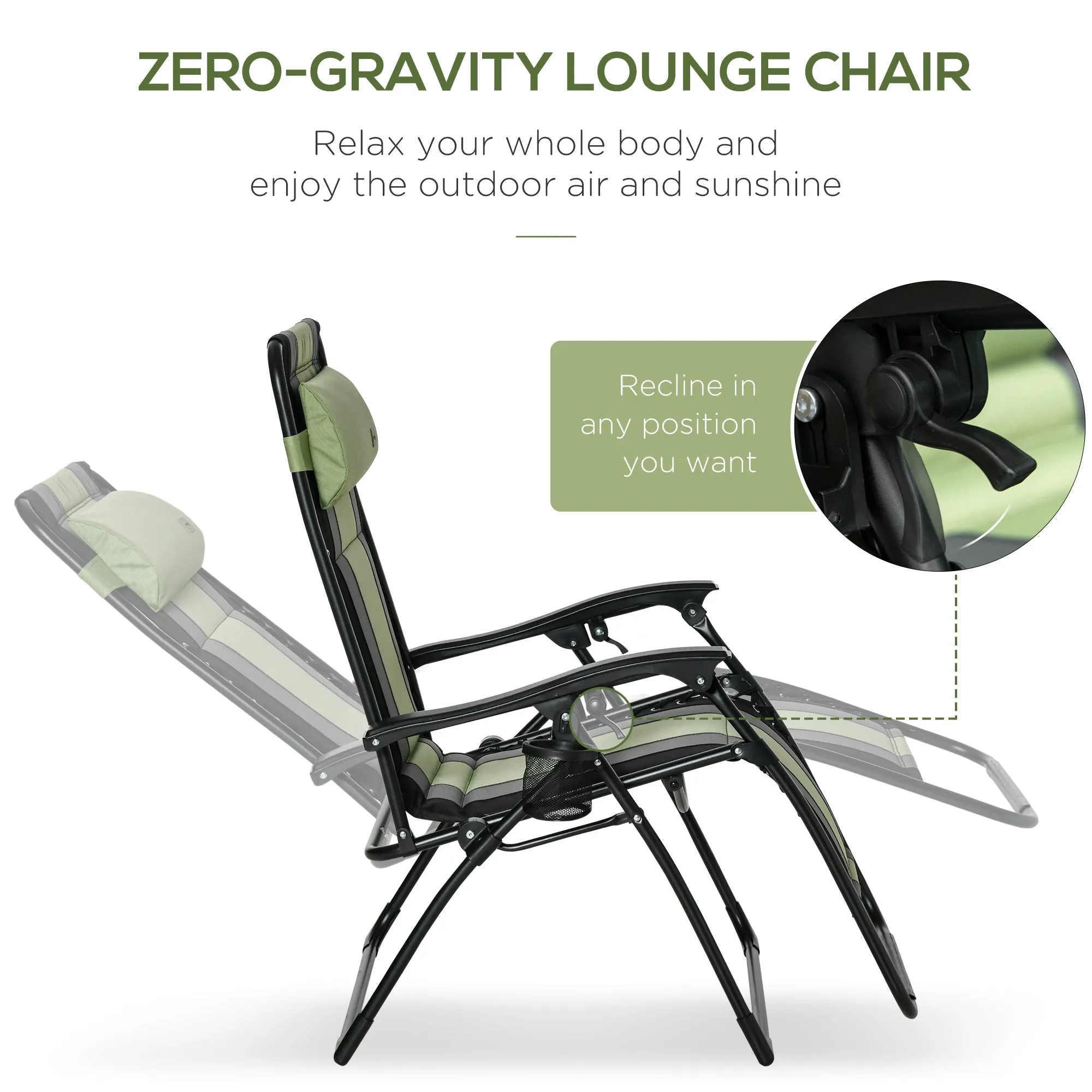 XL Oversize Zero Gravity Recliner, Padded Patio Lounger Chair, Folding Chair with Adjustable Backrest, Cup Holder, and Headrest for Backyard, Poolside, Lawn, Striped, Green