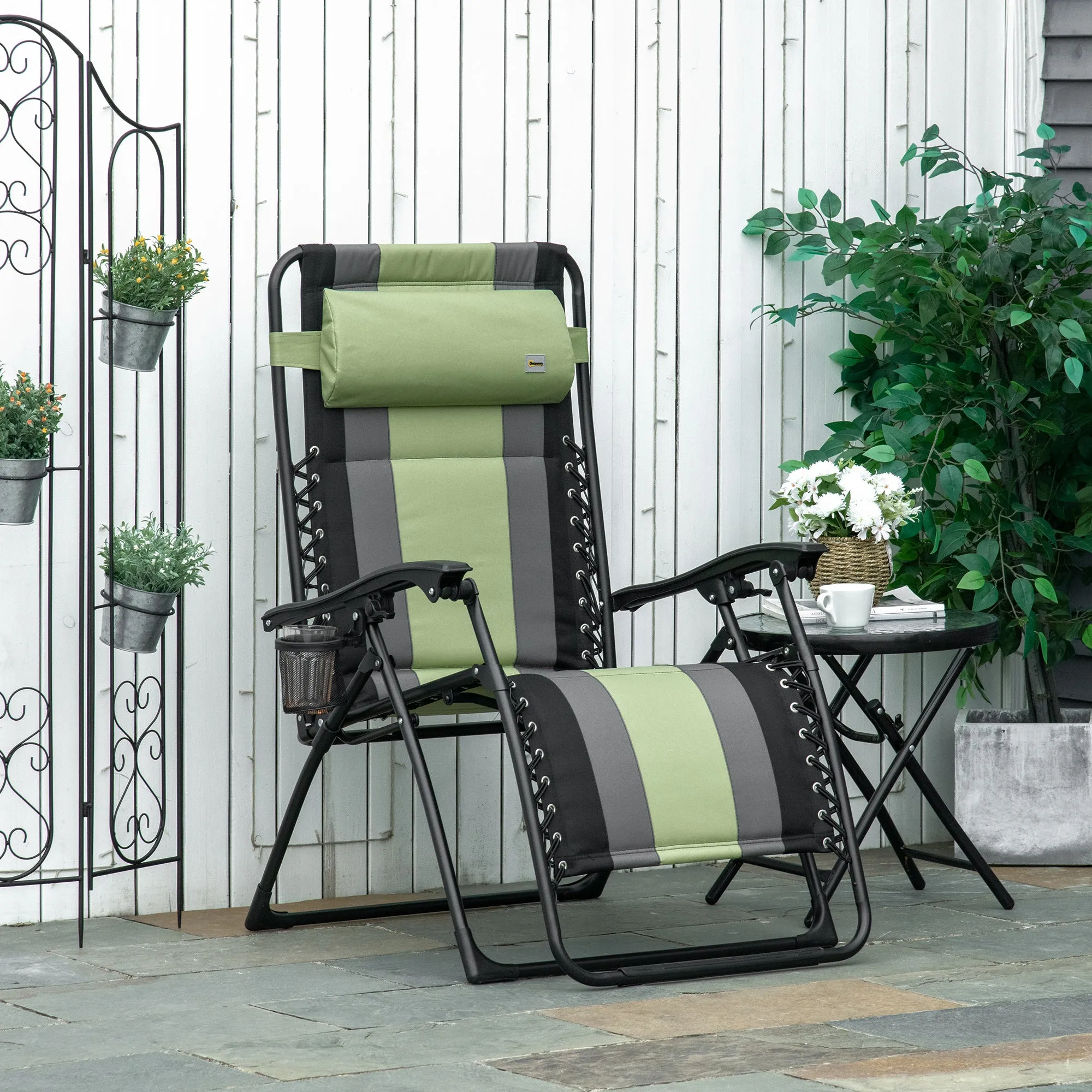 XL Oversize Zero Gravity Recliner, Padded Patio Lounger Chair, Folding Chair with Adjustable Backrest, Cup Holder, and Headrest for Backyard, Poolside, Lawn, Striped, Green